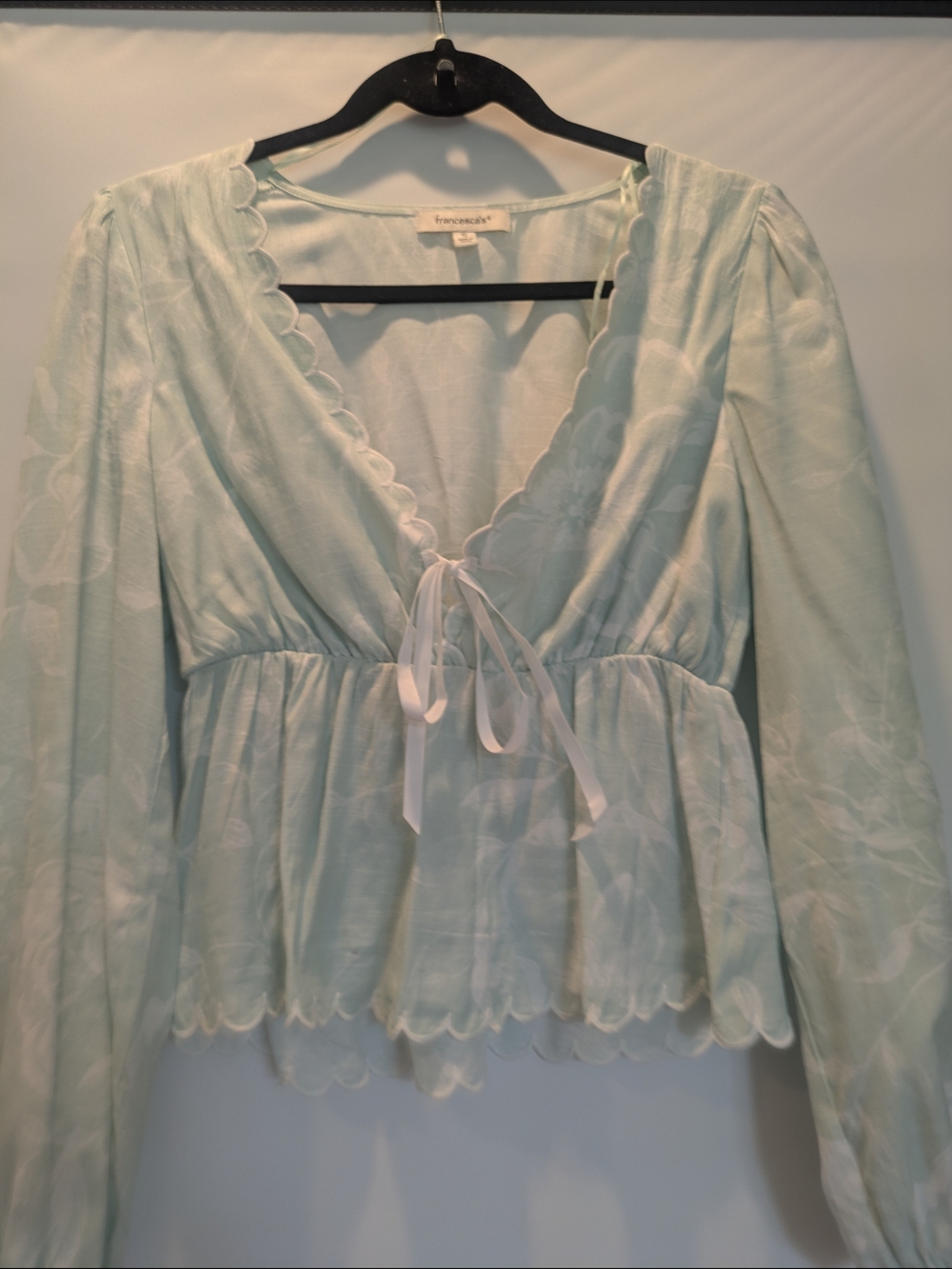 Francesca's Mint Tie-Front Scalloped Blouse
